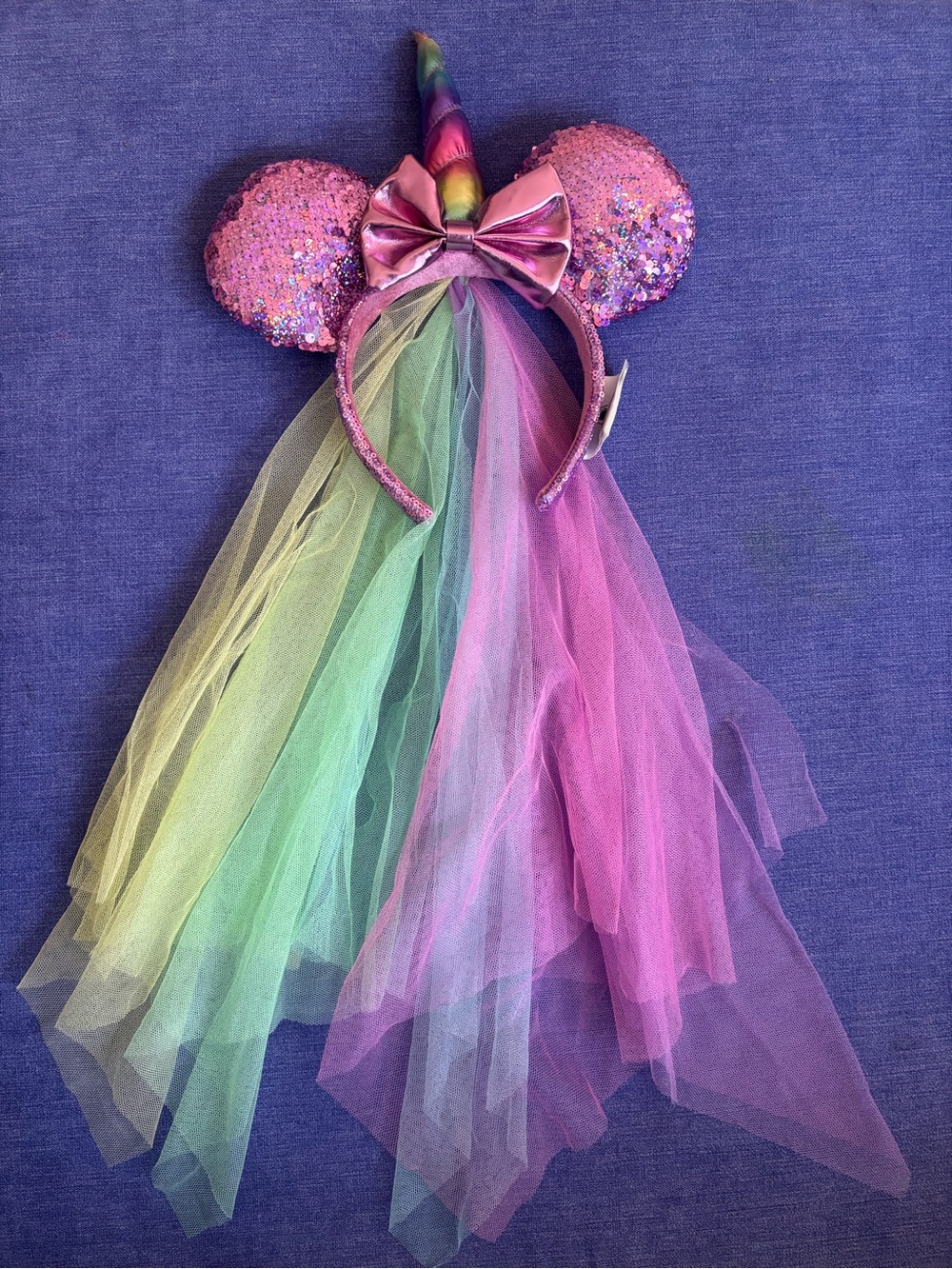 Disney Ears with Unicorn Horn and Colorful Veil